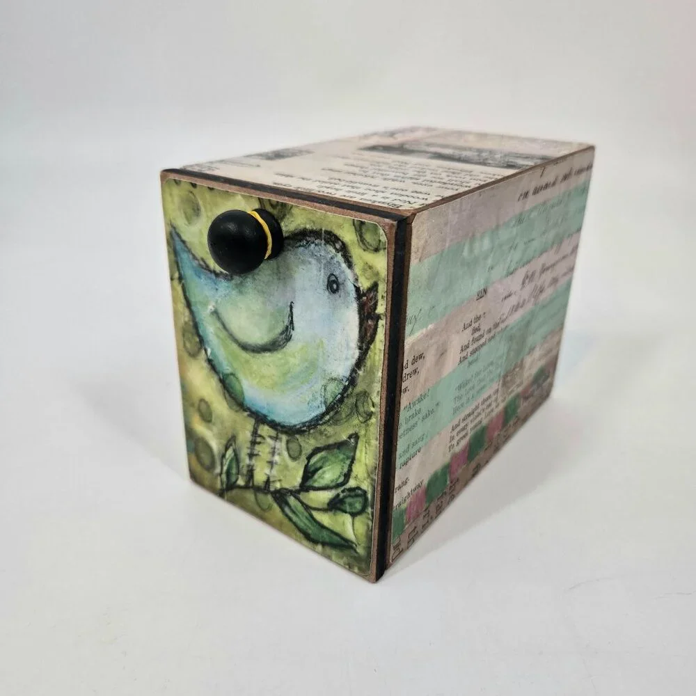 Lisa Kaus Whimsical Bird Print Mini Wooden Drawer Box Desk Storage Collage Words